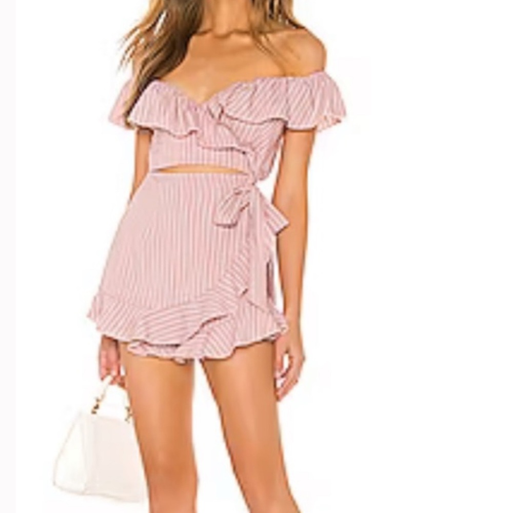 Superdown Pink Off-Shoulder Ruffle Jumpsuit Wrap Tie Romper  Stripe